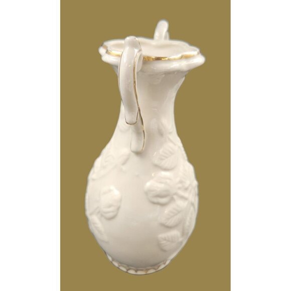 Vintage Rose Vase Gold Trim Handles Shabby Chic Cottage White Embossed Flower - Picture 6 of 8